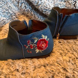 Blue Denim Size 3 Girl's Floral Embroidered Booties